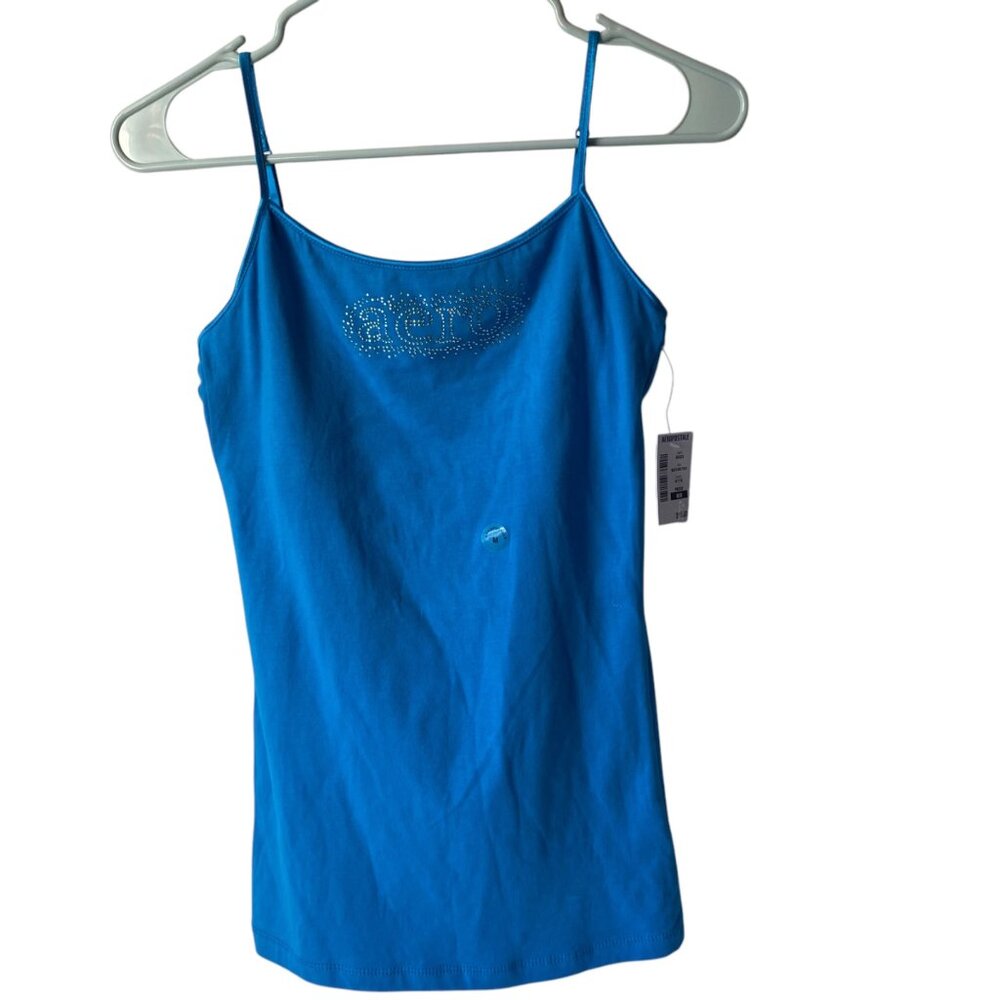 Aeropostale women M turquoise cami tank top sequins logo Y2K 90s cotton fitted t